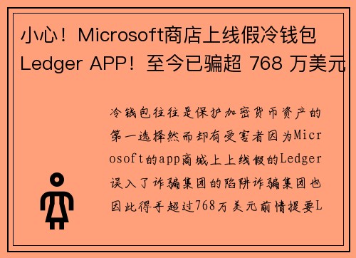 小心！Microsoft商店上线假冷钱包 Ledger APP！至今已骗超 768 万美元 